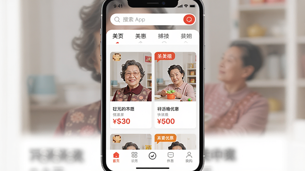 һ���ֻ�Ӧ�ý���չʾͼ�������������Ŵ���App����ҳ��Ϣ�����Ϸ���������ͷ����ǩ���м�����Ʒ��Ƭչʾ�۸���Żݱ�ǩ���ײ��ǵ����������岼������������ִ���࣬���ʸɾ��������޶���Ԫ��