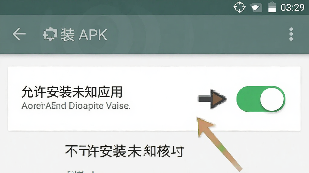 һ��չʾ��׿�ֻ���װAPK�ļ�ʱ��ϵͳȨ�����ý����ʾ��ͼ����������ʾ��������װδ֪Ӧ�á��Ŀ��ذ�ť���Ա��м�ͷָʾ�������裬����Ϊ��׿ԭ����񣬰�ɫ���������ذ�ťΪ��ɫ����״̬���������������ֱ�ע��ȷ