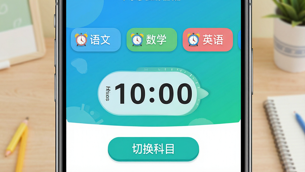 һ��ѧϰ��ҵ��ʱ����Ŀ�л������ͼƬ���������ֻ���Ļ����ʾ�Ŷ����ɫ��Ŀ��ǩ�����������ġ�����ѧ����Ӣ����������ȣ�ÿ����ǩ�Ա���С����ͼ�꣬��Ļ������һ���������еļ�ʱ�����·��С��л���Ŀ����ť��������������죬��ɫ������Ϊ�����������������ʸɾ����޶���Ԫ��