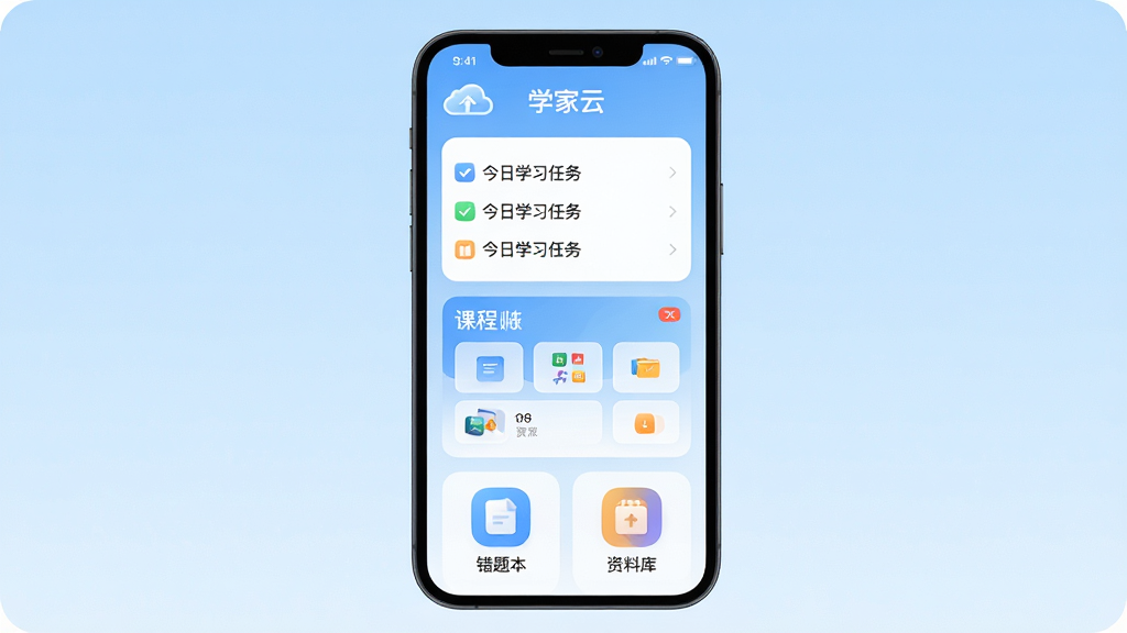 ����������һ���ֻ���Ļ����Ļ������ʾ��ѧ���ơ�App�������棬���沼���Ϸ��ǽ���ѧϰ�����嵥���м��ǿγ̱���Ƭ���·��Ǵ��Ȿ�����Ͽ����ͼ�꣬������ǳ��ɫ���䣬�����Ű�ɾ����룬���Ϊ�ִ���ƽ��UI��ƣ�ϸ����ͼ��Բ���������������ʸ���ɾ����޶���Ԫ��