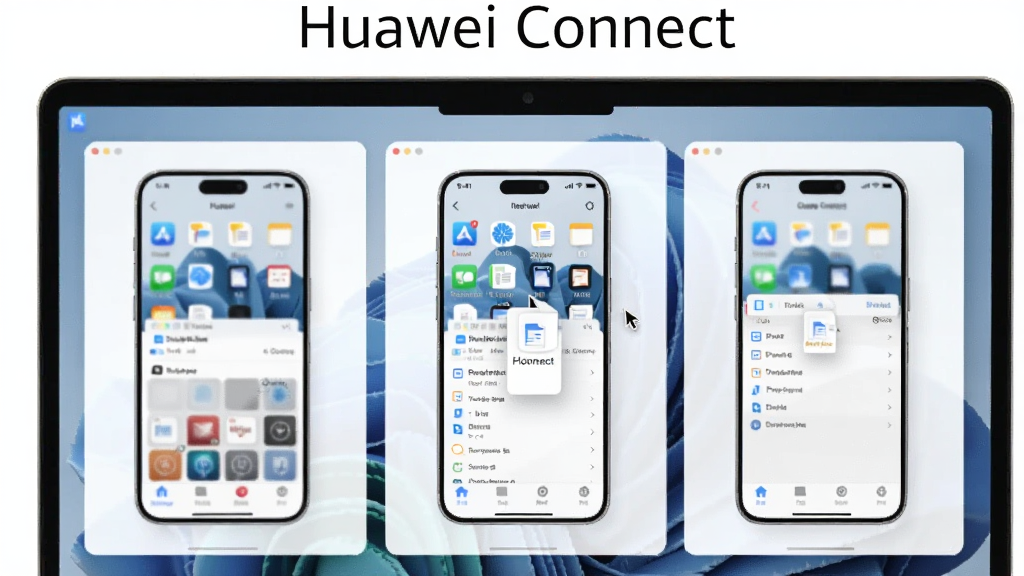 һ��չʾHuawei Connect����Эͬ�칫������ͼƬ��������һ̨�ʼǱ�������Ļ��ͬʱ��ʾ�������ŵ��ֻ�Ӧ�ô��ڣ�����Ϊ��������չʾ���Ű����ָ�Ч������������������࣬ϸ���ϴ��ڱ�Ե����΢����ӰЧ�������������קһ���ĵ�ͼ�꣬���ʸɾ�������ͼƬ�Ϸ���ע���֡�Huawei Connect��