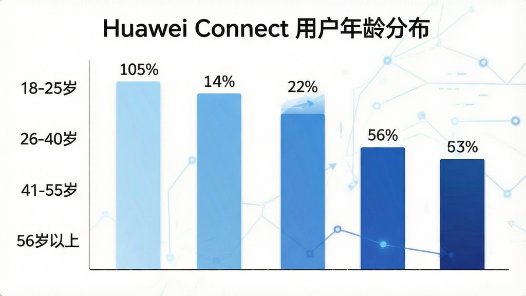 һ��չʾHuawei Connect�û�����ֲ�����״ͼ�������Ǵ�ֱ��״ͼ�����������Ϊ����ֶα�ǩ��18-25�ꡱ����26-40�ꡱ����41-55�ꡱ����56�����ϡ����ײ�Ϊ���ᣬ����߶ȷֱ���ʾ��ͬռ�ȣ��Ű������ˣ�������ݿ��ӻ�ͼ����ϸ����������ɫ��ǳ�����������䣬ÿ��������ע�ٷֱ����֣����ʸɾ�������ͼ���Ϸ���ע���֡�Huawei Connect �û�����ֲ���