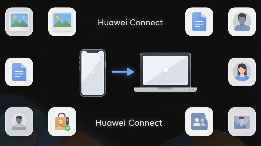 һ��չʾHuawei Connect�������Ľ����ͼƬ�������Ǿ����������ֻ���ʼǱ����Ի���ͼ�꣬��Χ��������Ƭ���ĵ�����ϵ�˵�����ͼ�꣬���ּ��Գƣ��Ű���ǳɫ����ͻ���������Ӹ������ִ���ƽ����ƣ�ϸ����ͼ��Բ��������ͣ����ʸ���ɾ����޶���Ԫ�أ�ͼƬ����������ע���֡�Huawei Connect��