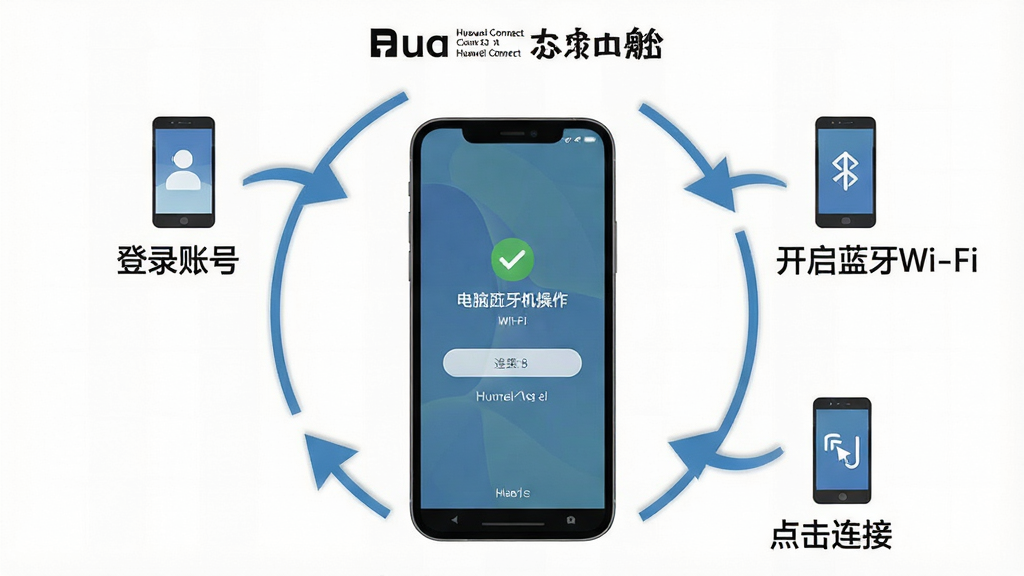 һ��չʾHuawei Connect���ֻ������ӵ��ԵĲ�������ָ��ͼ���������ֻ���Ļ��ʾ���ӳɹ����棬��Χ�ü�ͷ��ע������¼�˺š�������������Wi-Fi������������ӡ������ؼ����裬����Ϊ��������ͼ��ʽ���Ű������׶�������ƽ����Ϣͼ��ϸ����ÿ���������ж�Ӧ���ֻ�Сͼ�꣬���ʸɾ����࣬ͼƬ�б�ע���֡�Huawei Connect��