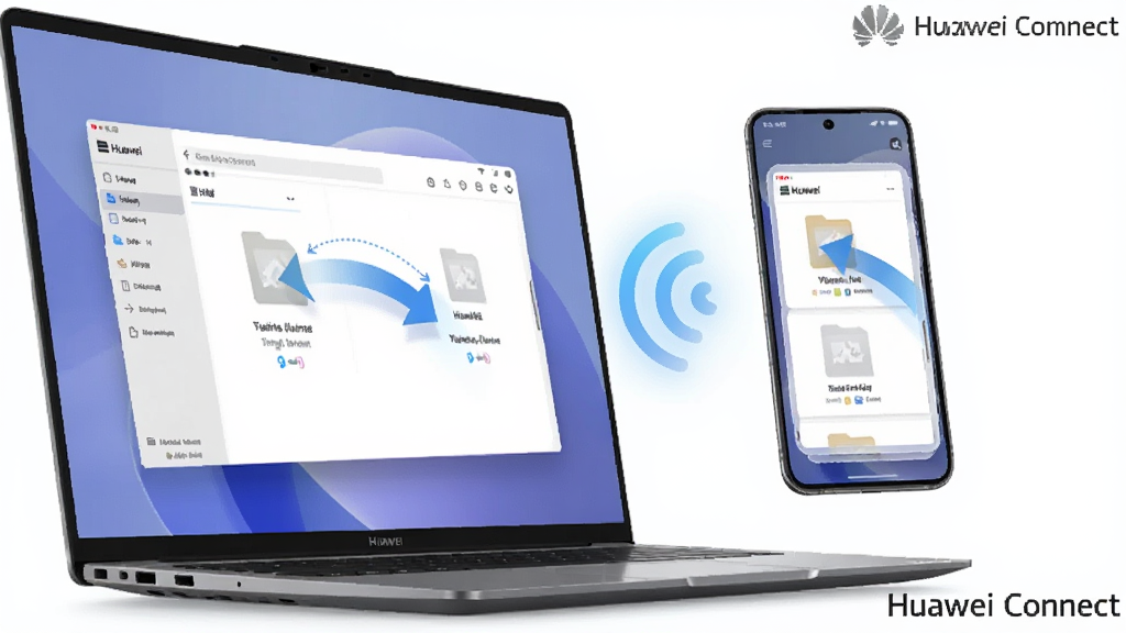 һ��չʾHuawei Connect����Эͬ���ܵ�ͼƬ�������ǱʼǱ�������Ļ�Ա�������һ���ֻ����棬����֮�������Ե��������Ӳ���ͼ�꣬����Ϊ���ҷ���չʾ���Ű�ͻ�����߻����������У����Ƽ���ʮ���Ҹɾ���ϸ������Ļ��ʾ�ļ���ק�Ķ����켣����������������ͼƬ�����ע���֡�Huawei Connect��