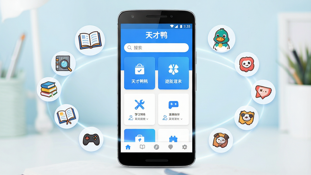 һ��չʾ���ѼApp������ò�ĳ���ͼ������������һ����׿�ֻ����ֻ���Ļ����ʾ���ѼApp�������棬���沼�����������������������м��ǹ��ܿ�Ƭ�����ײ�Ϊ���������ֻ���Χ������ѧϰ�����ߡ����ֵ�Сͼ��Ԫ�أ�������������������ɫ������Ϊ�������ʸɾ��������޶�������Ԫ�أ�ͼƬ���ֻ���Ļ�Ϸ������ֱ�ע�����Ѽ��