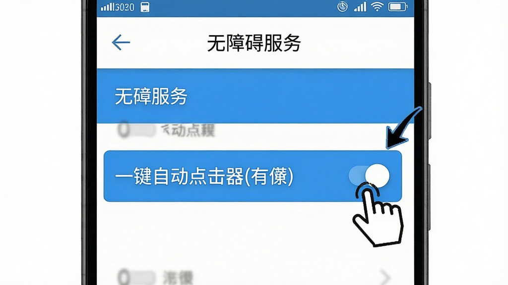 一张手机屏幕示意图,画面中显示安卓系统的“无障碍服务”设置页面,高亮标注“一键自动点击器(有)”的开关按钮,旁边有手指点击图标和提示箭头,风格简洁直白,配色以蓝白为主,画质干净