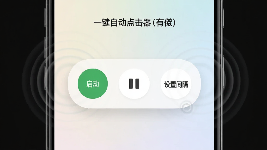 一张展示“一键自动点击器(有)”软件主界面的手机屏幕截图,画面中央是简洁的悬浮控制面板,包含“启动”“暂停”“设置间隔”三个圆形按钮,背景为浅色渐变,手机周围有淡淡的点击波纹特效,风格清爽现代,画质干净无多余元素