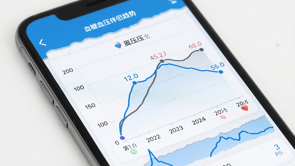 血糖血压伴侣趋势图表功能展示,主体为手机屏幕特写,屏幕上显示血糖血压伴侣的趋势折线图页面,折线图清晰展示一周内的血糖和血压变化曲线,图表下方有日期标签和数值标注,布局规整,排版清爽,风格简洁实用,蓝白灰配色,细节干净,画质清晰,无多余元素