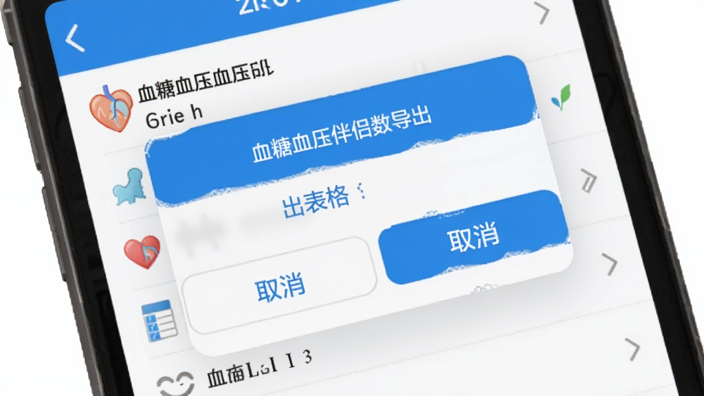 血糖血压伴侣数据导出功能操作界面,主体为手机屏幕,屏幕上显示血糖血压伴侣的导出菜单弹窗,弹窗内有导出表格和取消两个按钮,背景为记录列表页面,布局清晰,排版简洁,风格实用,蓝白配色,细节干净,画质清晰,无多余元素