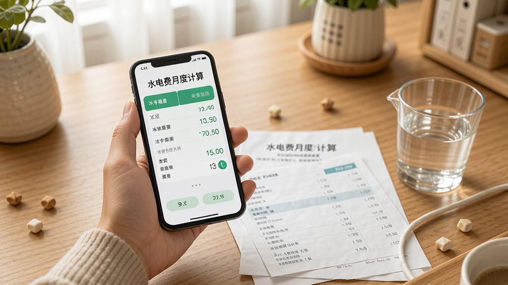 一张展示“水电费月度计算”使用场景的图片,画面中一只手拿着手机,屏幕显示计算结果页面,旁边桌面上放着水电费账单纸张和一杯水,环境是温馨的居家桌面,风格生活化,光线柔和,画质干净