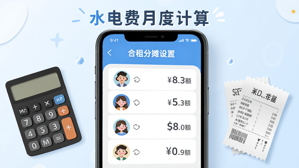 一张展示“水电费月度计算”合租分摊功能的图片,画面中手机屏幕显示分摊设置界面,有几个人物头像图标和对应的金额分配结果,旁边有计算器和小票元素点缀,整体风格轻松明快,蓝白色调,布局简洁,画质干净