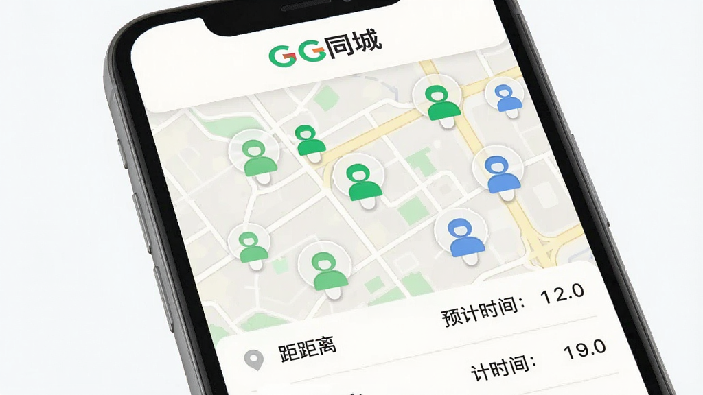 一张展示附近跑腿人员分布的界面示意图,画面是一部手机屏幕特写,屏幕上是一张浅色地图,地图上散布着多个绿色和蓝色的小人图标代表跑腿人员,地图下方有列表显示距离和预计时间,顶部有GG同城的标志,整体风格清爽直观,画质干净无多余元素