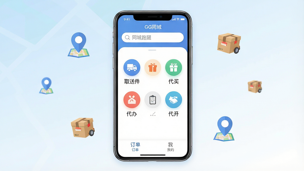 一张手机应用界面展示图,画面中央是一部现代智能手机,屏幕上显示GG同城应用的主界面,界面顶部有同城跑腿的搜索框,中间是取送件、代买、代办等圆形功能图标整齐排列,底部有订单和我的两个选项卡,背景是浅蓝到白色的渐变,周围漂浮着地图定位标记和外卖箱小图标做点缀,风格现代扁平化,画质清晰干净,无多余元素
