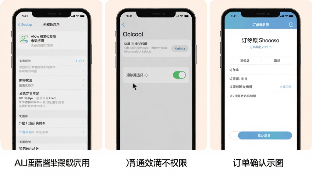 一张手机操作步骤示意图,画面分三个小格依次排列,第一格展示允许安装未知应用的设置界面,第二格展示打开通知权限的开关按钮,第三格展示订单确认页面,每格下方有简短文字标注,整体风格像说明书插图,色彩柔和清晰,画质干净无多余元素