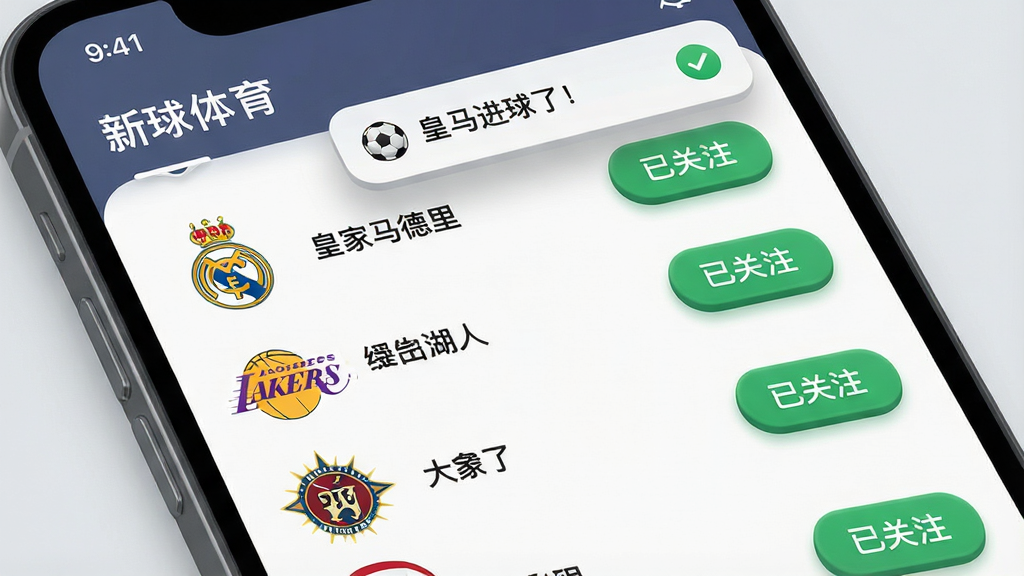 生成一张AI图片,画面中心是一个手机屏幕展示“新球体育”的球队关注列表界面,列表中有“皇家马德里”、“洛杉矶湖人”等队徽图标,旁边有“已关注”的绿色对勾按钮,屏幕上方有一个小的通知横幅弹出,写着“皇马进球了!”,整体布局简洁,排版有序,风格清新现代,细节上队徽清晰,按钮有微立体感,画质干净,背景为浅灰色无多余元素