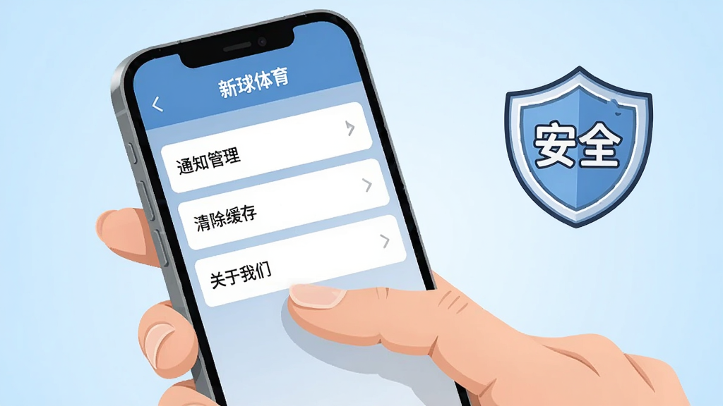 生成一张AI图片,画面是一只手拿着手机,手机屏幕显示“新球体育”的设置页面,页面上有“通知管理”、“清除缓存”、“关于我们”等选项列表,旁边有一个卡通风格的小盾牌图标,盾牌上写着“安全”,整体布局清晰,风格为轻松的扁平插画风,细节上手指动作自然,画质干净,背景为浅蓝色渐变无多余元素