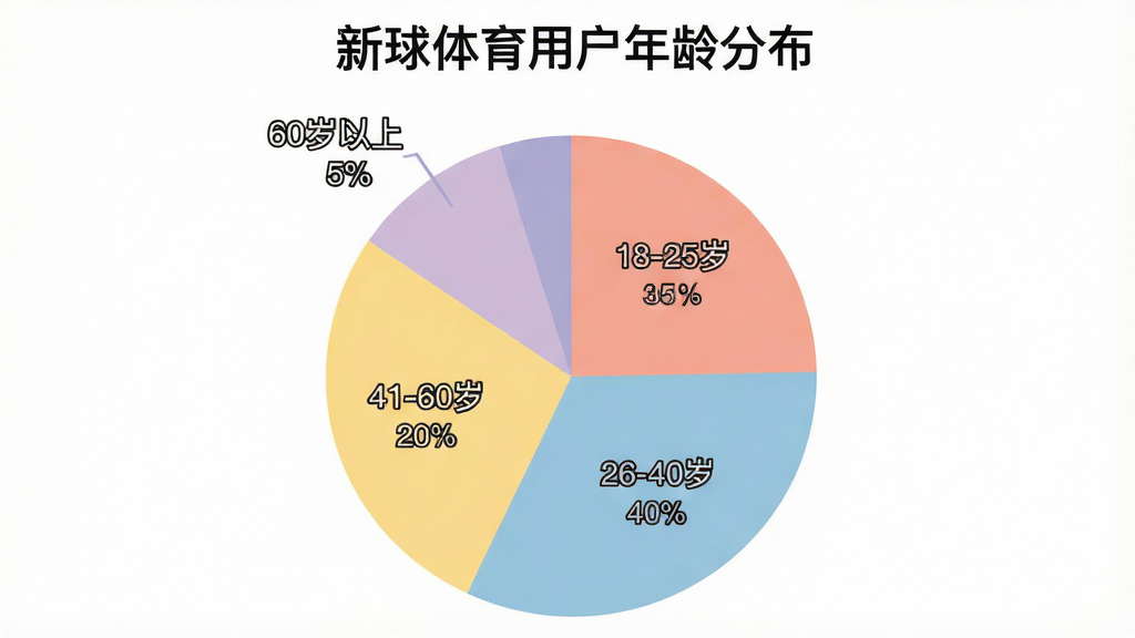 生成一张AI图片,画面是一个简洁的饼状图,标题为“新球体育用户年龄分布”,饼图分为四个色块,分别标注“18-25岁 35%”、“26-40岁 40%”、“41-60岁 20%”、“60岁以上 5%”,图表风格为扁平化设计,颜色柔和,布局居中,细节上百分比数字清晰,画质干净,背景为纯白色无多余元素