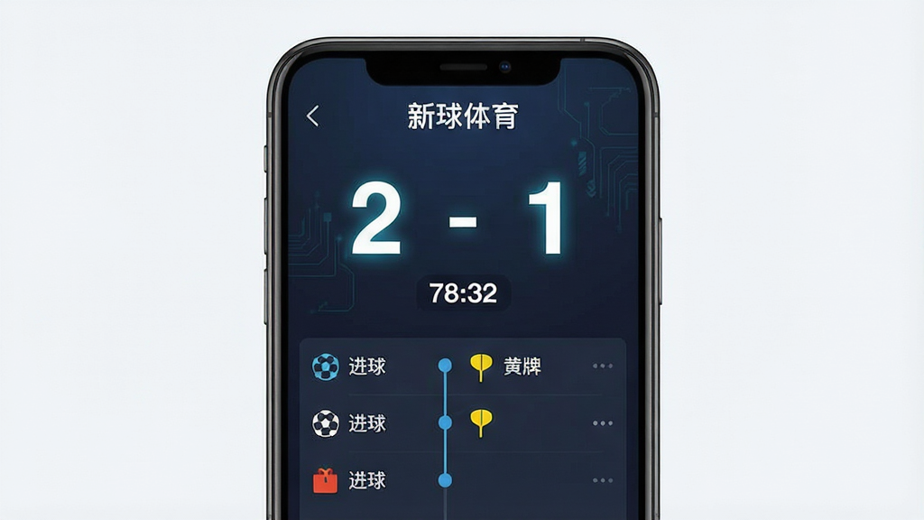 生成一张AI图片,主体是一部智能手机,手机屏幕上显示着“新球体育”的比分界面,界面上半部分是正在进行的足球比赛比分“2-1”和计时器“78:32”,下半部分是滚动的事件时间轴,标注着“进球”、“黄牌”等小图标,布局清晰,排版紧凑,风格为科技感扁平风,细节上比分数字有轻微发光效果,画质干净明亮,无杂乱背景元素