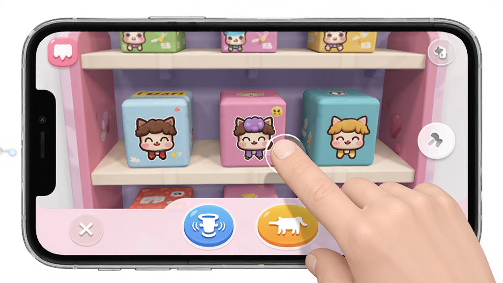 ��������App���߳�л����ܽ����ͼ���ʾ��ͼ��������һ���ֻ���Ļ����ʾ�������л��������м���ä�к��������ڻ����ϣ���ָ���ڵ������һ�����ӣ���Ļ�·���ҡһҡ����һ��Ľ�����ť��������ͨ�ɰ���ɫ�����������������ɾ�