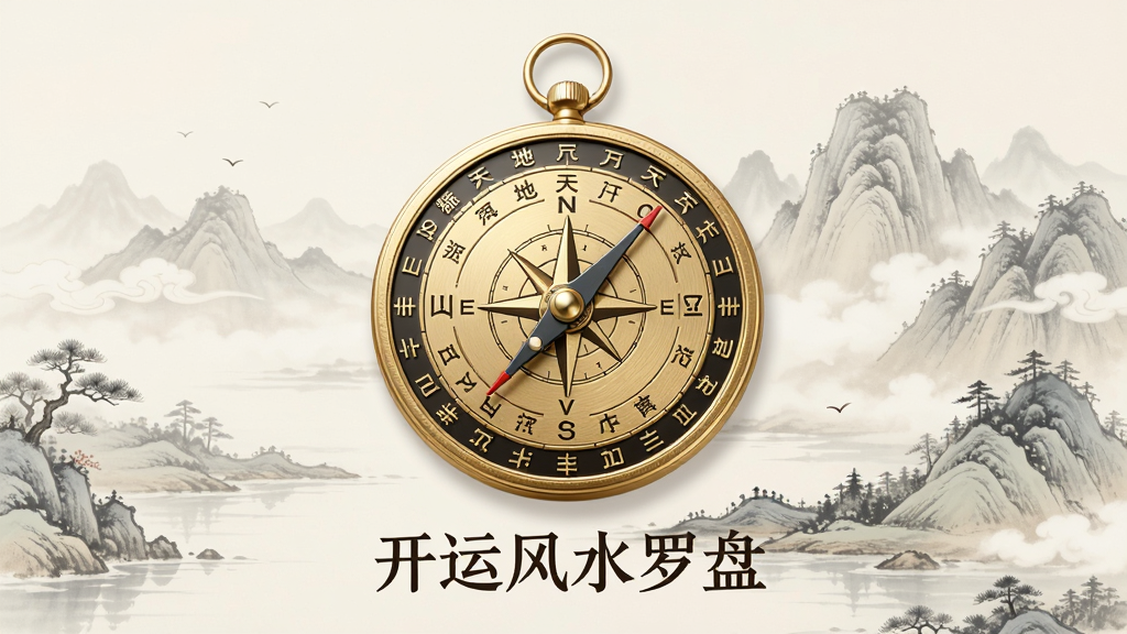 手机屏幕中央展示一个精致的金色风水罗盘,罗盘上有天干地支刻度和指南针指针,背景是淡雅的中国风水山水画风格,画面下方有“开运风水罗盘”文字标识,整体布局简洁大气,风格古风与现代结合,细节清晰,画质干净无多余元素