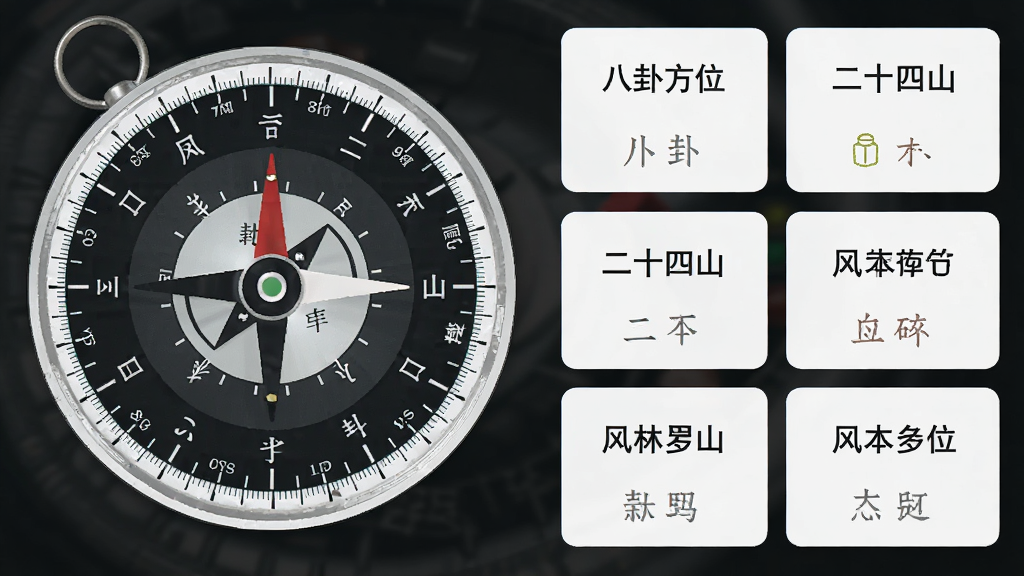 开运风水罗盘应用界面截图风格展示,左侧是圆形罗盘刻度盘,右侧是风水知识卡片列表,卡片上有“八卦方位”“二十四山”等文字标签,整体排版整齐,风格简约实用,画质干净无多余元素