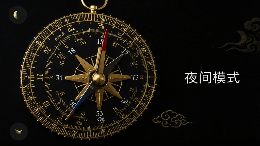 开运风水罗盘在深色模式下的界面展示,黑色背景上金色罗盘刻度和白色文字清晰可见,旁边有“夜间模式”文字标注,整体风格沉稳精致,画质干净无多余元素