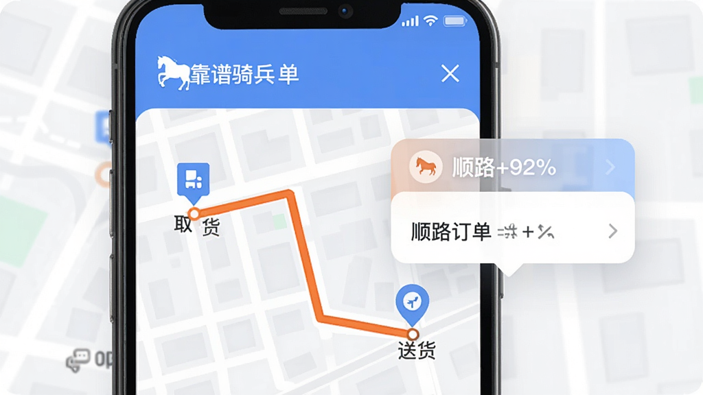 “靠谱骑兵”应用内智能派单界面,手机屏幕显示地图上一条橙色路线连接取货点和送货点,旁边弹出顺路订单卡片标注“顺路+92%”,背景为城市街区简图,界面风格简洁现代,蓝橙配色,画质干净,无杂乱元素