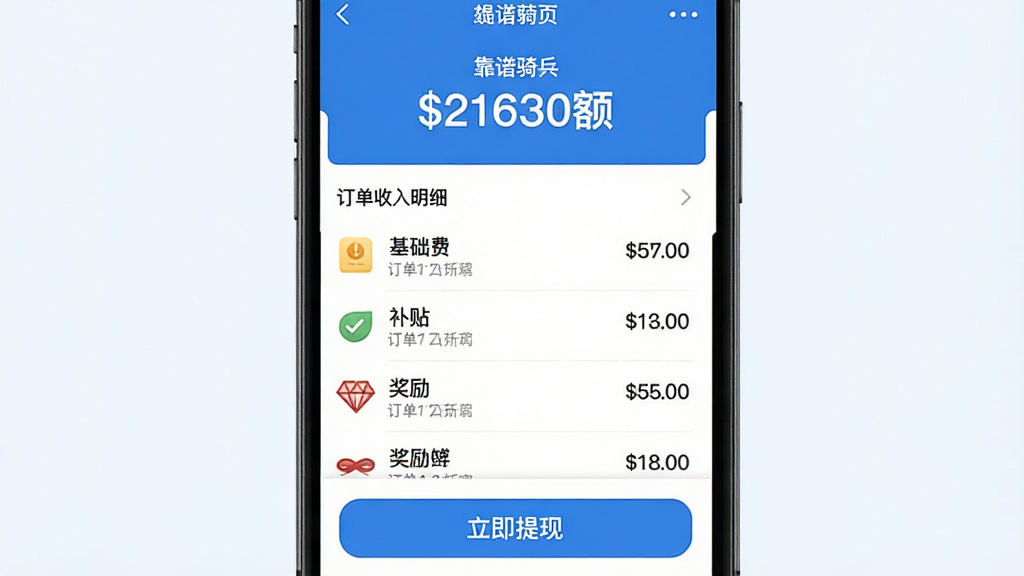 “靠谱骑兵”应用钱包页面截图风格示意图,手机屏幕上半部分显示可提现余额大字数字,下方列表逐条展示订单收入明细包含基础费、补贴、奖励等条目,底部有醒目的“立即提现”按钮,整体界面整洁,蓝白主色调,数字清晰,画质干净无多余装饰