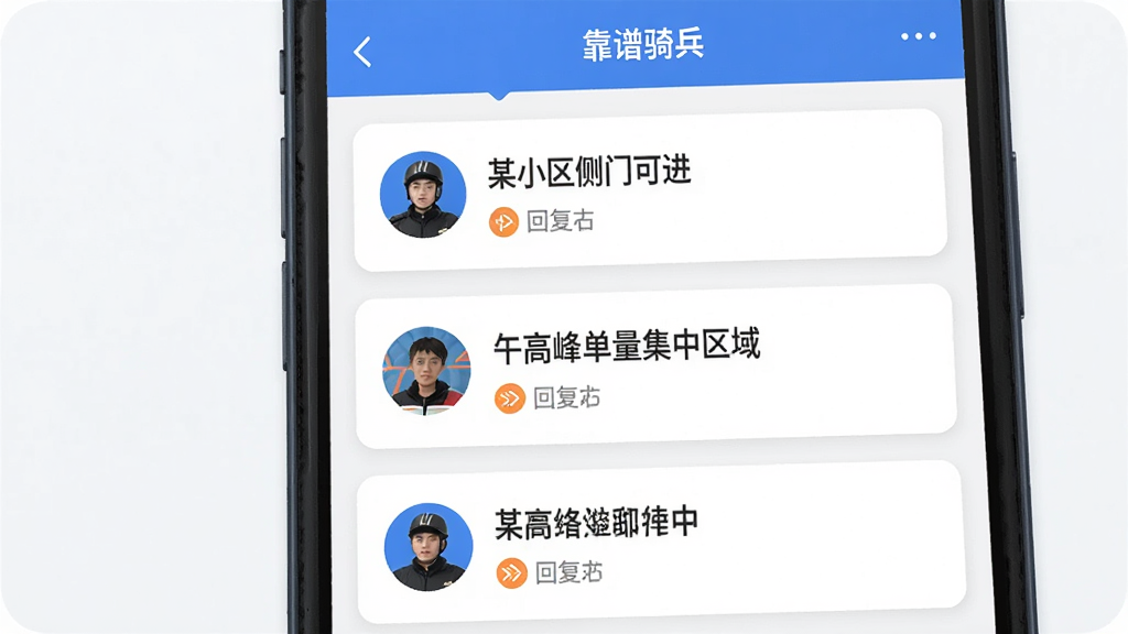 “靠谱骑兵”应用内骑手社区界面,手机屏幕显示帖子列表,每条帖子有骑手头像、简短标题和回复数,内容涉及“某小区侧门可进”“午高峰单量集中区域”等实用话题,界面排版清晰,卡片式布局,蓝橙点缀,风格亲切,画质干净
