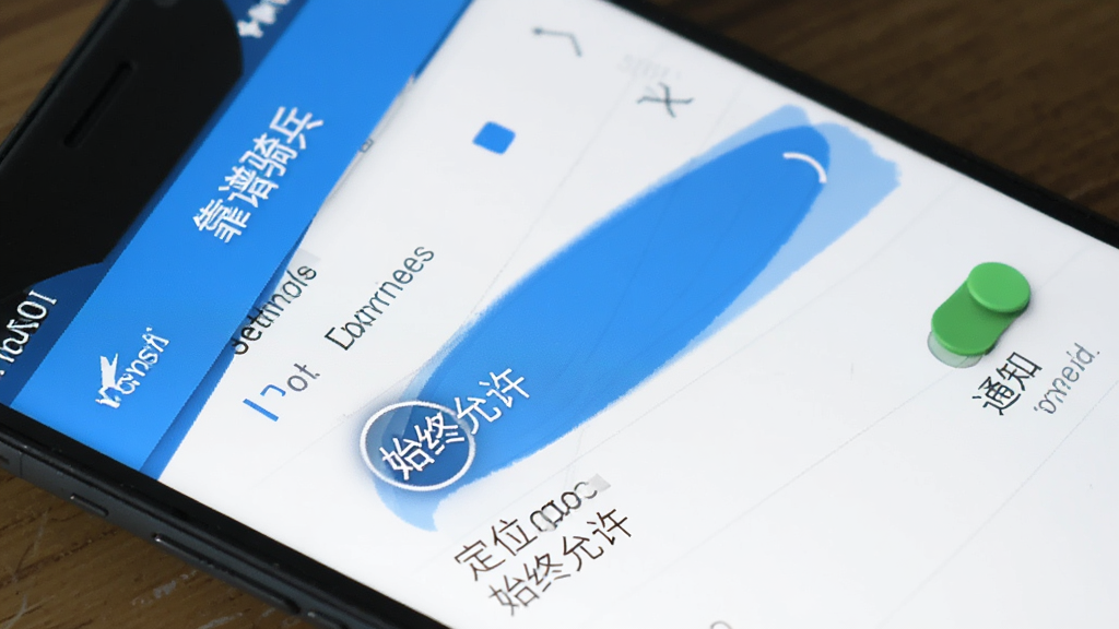 “靠谱骑兵”应用安装设置示意图,手机屏幕显示权限管理页面,定位权限选项高亮为“始终允许”,通知权限开关打开,界面风格为安卓原生设置页面,简洁明了,蓝白配色,画质干净
