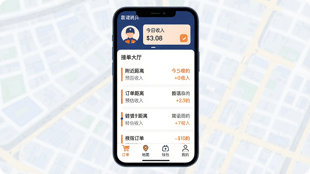 手机屏幕展示“靠谱骑兵”应用主界面,画面中央是接单大厅列表,附近订单按距离远近排列整齐,每单显示距离和预估收入,顶部有骑手头像和今日收入小卡片,底部导航栏为订单、地图、钱包、我的四个图标,整体配色为深蓝与橙色搭配,界面干净清爽无广告弹窗,扁平化设计风格,细节圆润,画质清晰,无多余元素