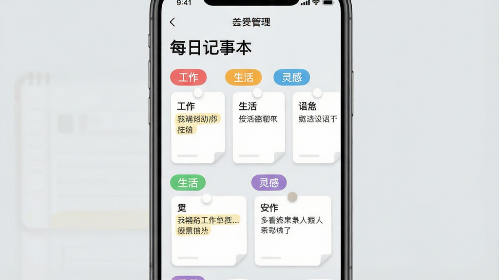һ���ֻ�����չʾ��ÿ�ռ��±����ı�ǩ����ҳ�棬��Ļ�϶����ɫ��ǩ�����硰���������������С���ÿ����ǩ�¹��ż������¿�Ƭ������ǳ�ң��������룬��������죬���ʸɾ����޶���Ԫ��