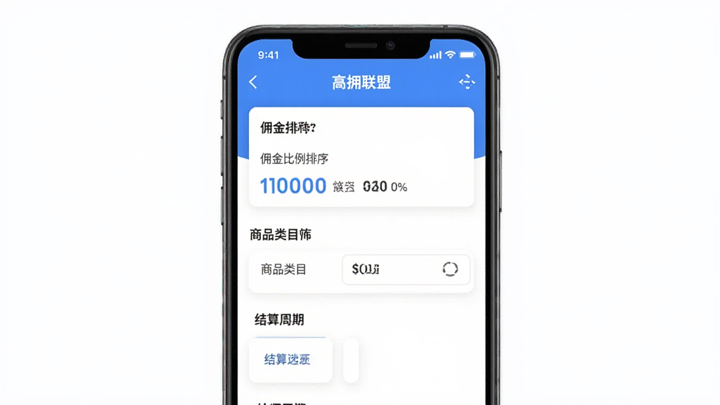 手机应用操作界面展示,画面中“高拥联盟”APP的任务筛选页面清晰可见,包含佣金比例排序、商品类目筛选、结算周期选项等交互元素,蓝白配色扁平化风格,画质干净无多余元素