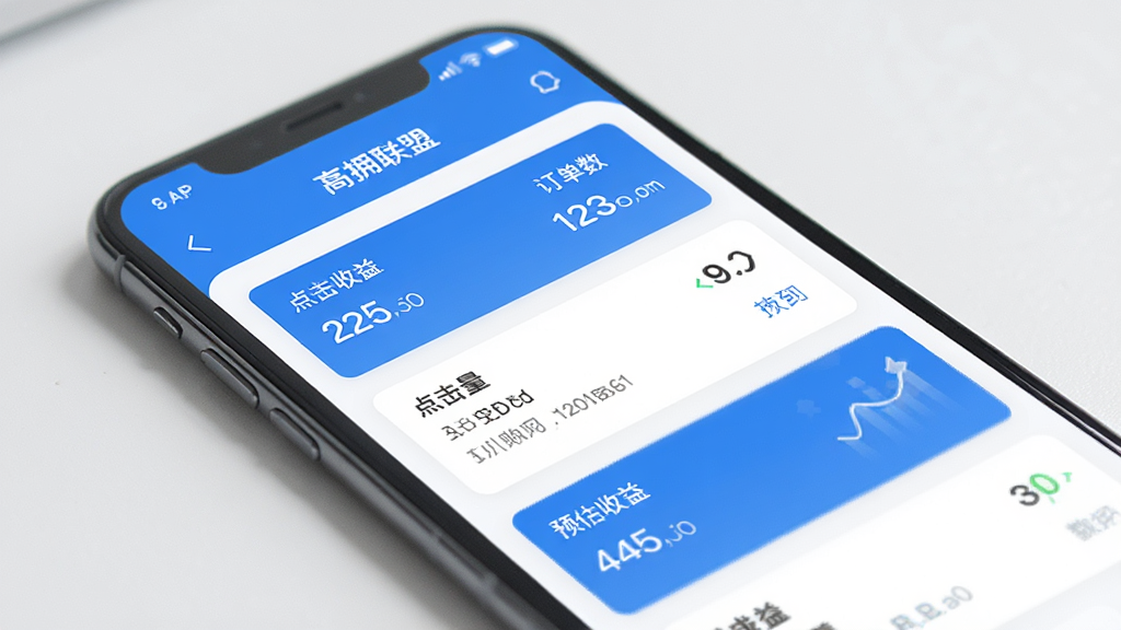 手机屏幕展示数据统计页面,画面中“高拥联盟”APP的收益明细列表清晰可见,包含点击量、订单数、预估收益等数据条目,采用卡片式布局,蓝白配色,扁平化设计,画质干净,无冗余元素
