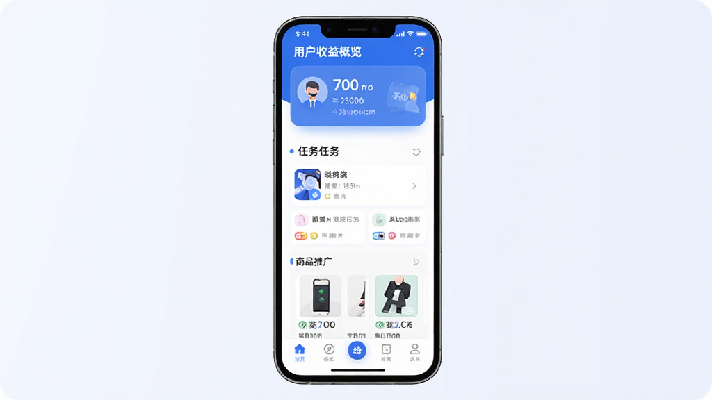 手机应用界面展示,画面中央是“高拥联盟”APP的主页截图风格画面,顶部显示用户收益概览卡片,中间是任务列表和商品推广卡片,底部为导航栏,整体采用蓝白配色,扁平化设计风格,细节圆润,画质干净清晰,无多余装饰元素