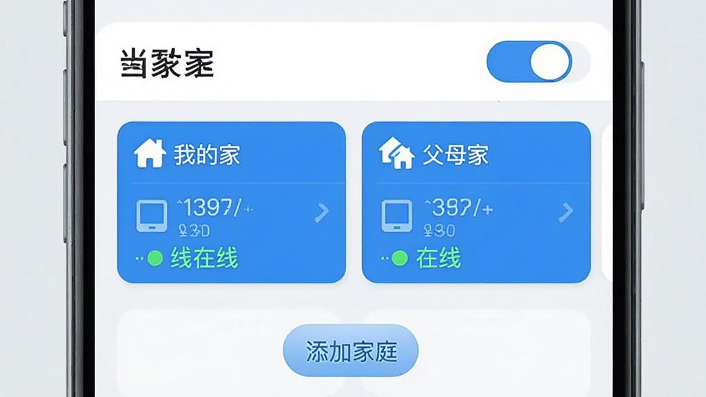 造梦者App多家庭管理界面,手机屏幕显示家庭列表页,顶部为当前家庭名称和切换按钮,下方列出“我的家”“父母家”两个家庭卡片,每个卡片显示设备数量和在线状态,底部有添加家庭按钮,界面风格扁平化,蓝白配色,图标简洁,背景为浅灰色,画质干净无多余装饰