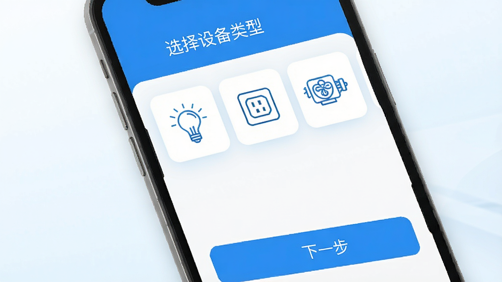 造梦者App配网引导界面,手机屏幕显示添加设备流程页,上方为“选择设备类型”标题,下方排列着灯泡、插座、窗帘电机等图标选项,底部有“下一步”按钮,界面采用蓝白配色,图标为扁平线性风格,背景为浅色渐变,画质清晰干净,无多余元素