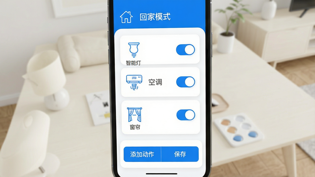 造梦者App场景编辑界面展示,手机屏幕内呈现场景联动设置页,上方为“回家模式”场景名称,下方依次排列智能灯、空调、窗帘的设备图标与开关状态,底部有添加动作和保存按钮,界面采用卡片式布局,蓝白主色调,图标为线性风格,背景为简洁的浅色家居桌面,画质清晰干净,无杂乱元素