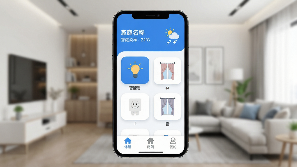 造梦者App主界面全貌展示,画面中央是手机屏幕,屏幕内显示简洁的智能家居控制面板,顶部为家庭名称和天气信息,中部排列着智能灯、插座、窗帘等设备卡片,底部为场景、房间、我的三个导航标签,整体采用蓝白配色,风格现代扁平,图标圆润清晰,背景为虚化的现代家居环境,画质干净明亮,无多余元素