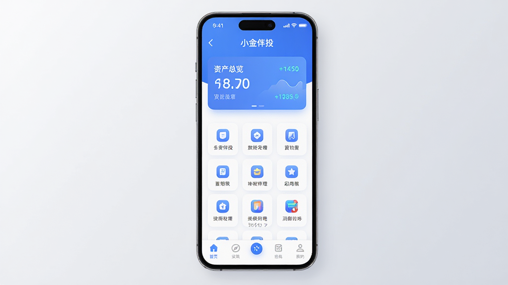 一张手机应用界面展示图,画面中央是一部现代智能手机,屏幕上显示