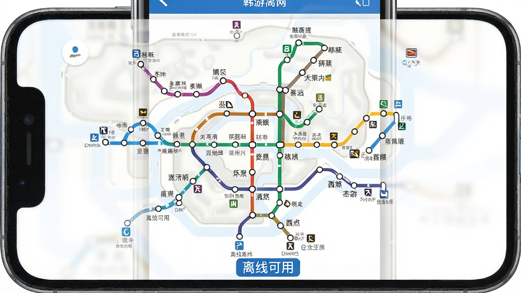 韩游网离线地铁地图功能展示,手机屏幕显示首尔地铁线路图,不同颜色区分线路,站点名称清晰可见,底部有“离线可用”标签,界面以蓝白色调为主,布局规整,风格简洁现代,画质干净无多余元素