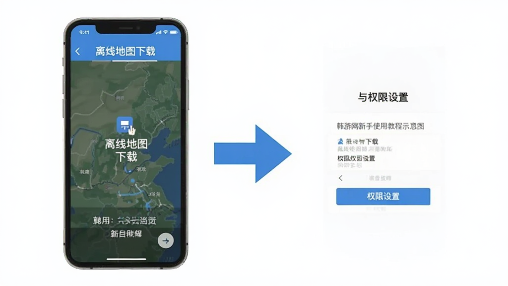 韩游网新手使用教程示意图,手机屏幕显示离线地图下载界面与权限设置页面,旁边有箭头指示操作步骤,界面简洁,文字标注清晰,风格扁平化,画质干净无多余元素