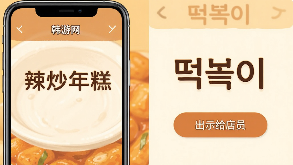 韩游网双语菜单翻译功能界面,手机屏幕左侧显示中文菜名“辣炒年糕”,右侧对应韩文“”,下方有“出示给店员”按钮,背景为暖色调,排版清晰,风格友好亲切,画质干净无多余元素