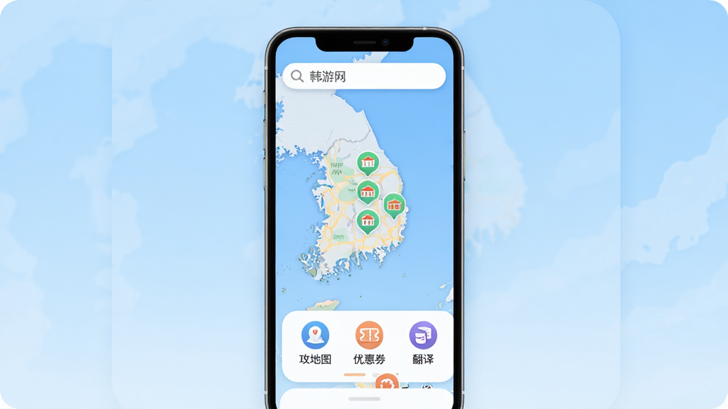 韩游网App主界面全貌展示,手机屏幕中央显示韩国地图与热门景点图标,顶部搜索栏写着“韩游网”,下方排列攻略、地图、优惠券、翻译四个功能入口,背景为浅蓝色渐变,整体风格清爽现代,扁平化设计,细节圆润,画质干净无多余元素