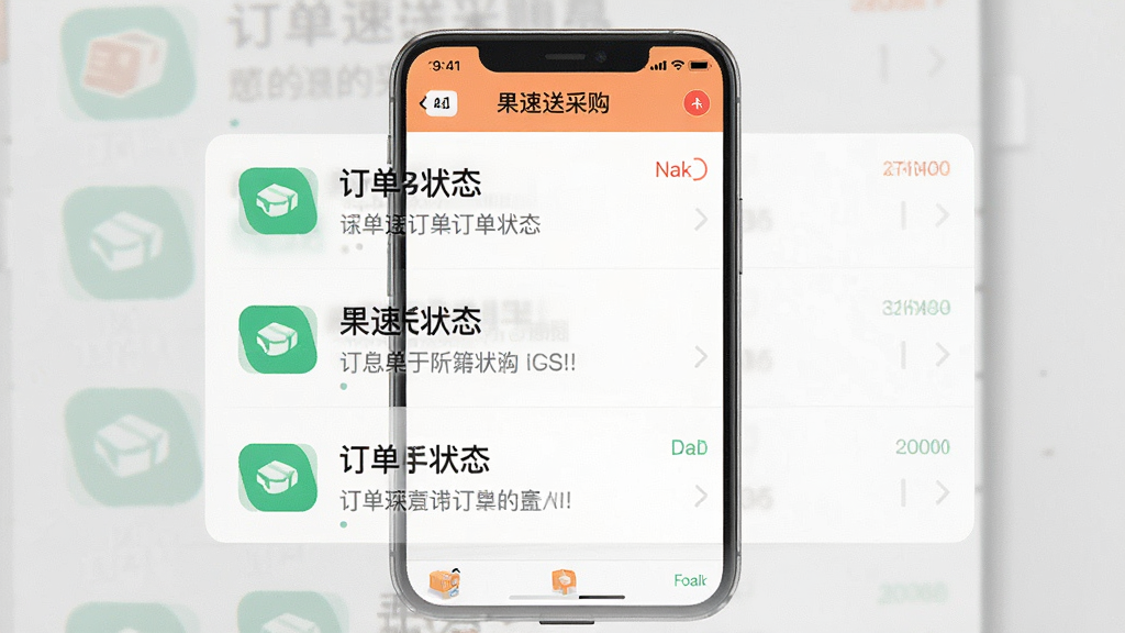一张手机应用消息通知界面图,画面显示果速送采购APP的消息列表,每条通知带有订单状态图标和简短文字说明,顶部有未读标记,整体排版整齐,风格简洁,画质干净,无多余元素