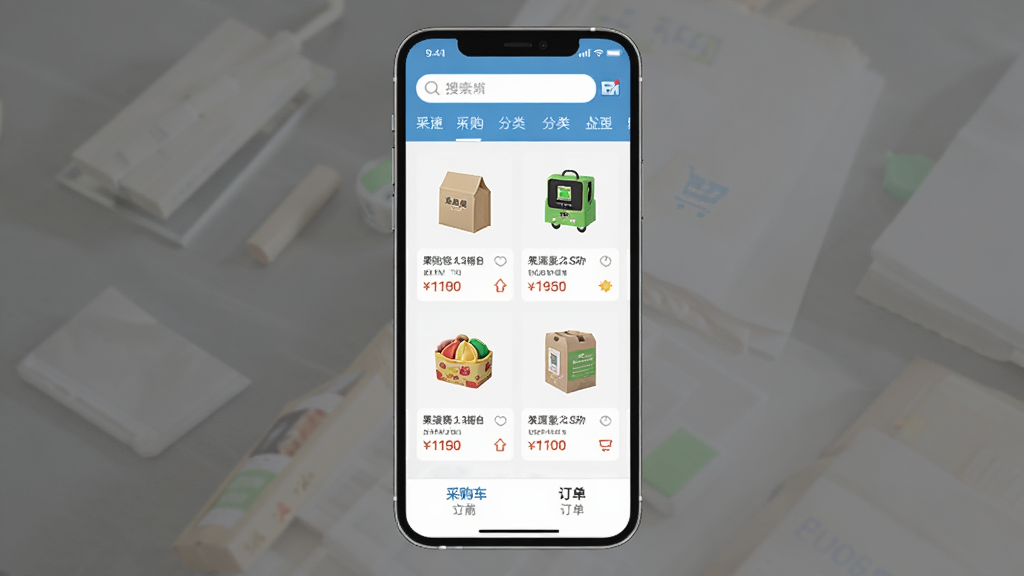 一张手机应用界面展示图,画面中央是果速送采购APP的首页,上方有搜索框和分类标签,中间是商品列表和价格信息,底部为采购车和订单入口,整体布局清晰,风格简洁现代,画质干净,无多余元素