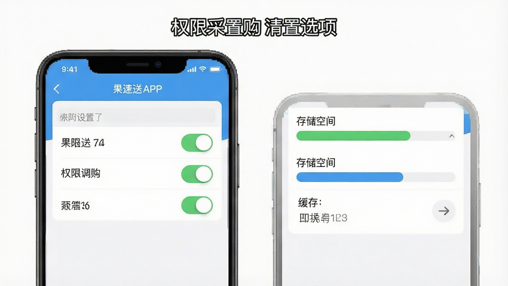 一张手机操作示意图,画面展示果速送采购APP的权限设置界面和缓存清理选项,界面元素包括权限开关和存储空间条,风格简洁,画质干净,无多余元素