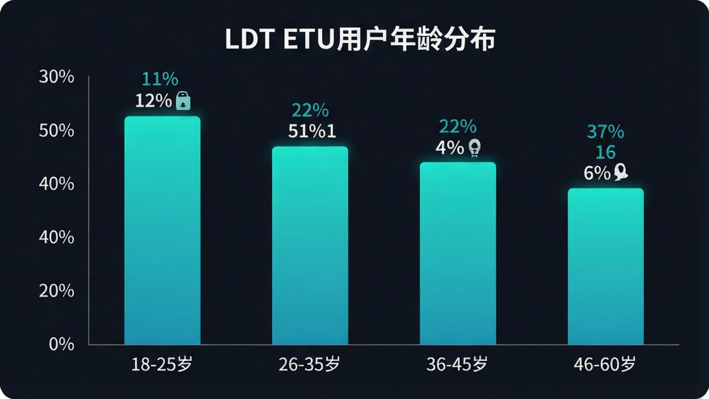 һ��չʾLDT ETU�û�����ֲ���״ͼ��ͼƬ��ͼ������Ϊ��LDT ETU�û�����ֲ���������Ϊ�����18-25�ꡢ26-35�ꡢ36-45�ꡢ46-60�꣬����Ϊ����ռ�Ȱٷֱȣ���״ͼ��ɫΪ����ɫ���䣬ÿ�������Ϸ���ע����ٷֱ���ֵ������Ϊ��ɫ��ͼ��������ִ������ʸɾ��޶���Ԫ��