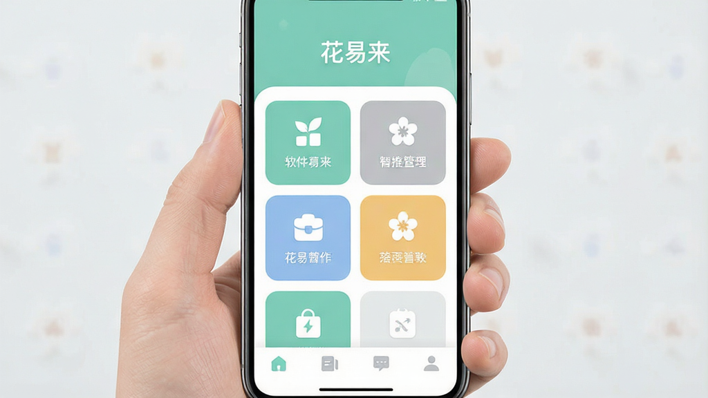 一张展示花易来软件首页的手机界面截图,画面主体是一部手持智能手机,屏幕内显示花易来的主界面,界面布局简洁,顶部为软件名称“花易来”,中部为功能模块入口,底部为导航栏,风格现代扁平化,配色清新淡雅,细节圆润,画质干净清晰,无多余元素